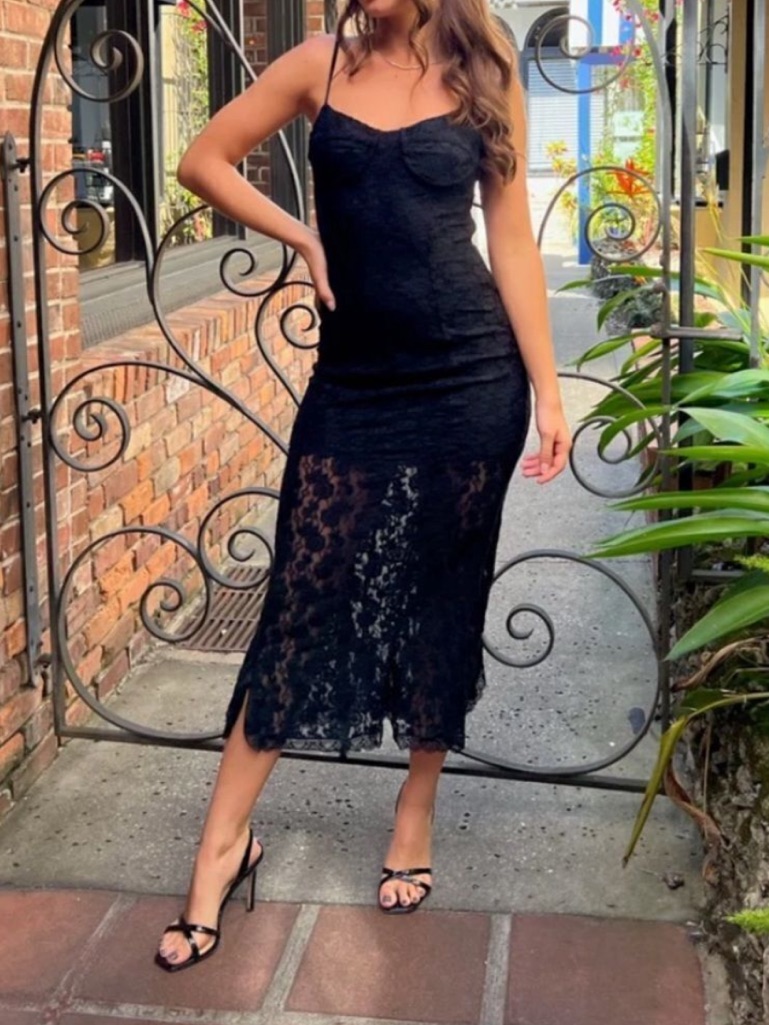Loveshackfancy Black Lace Gianna Sima Slip Midi Dress With Spaghetti Straps